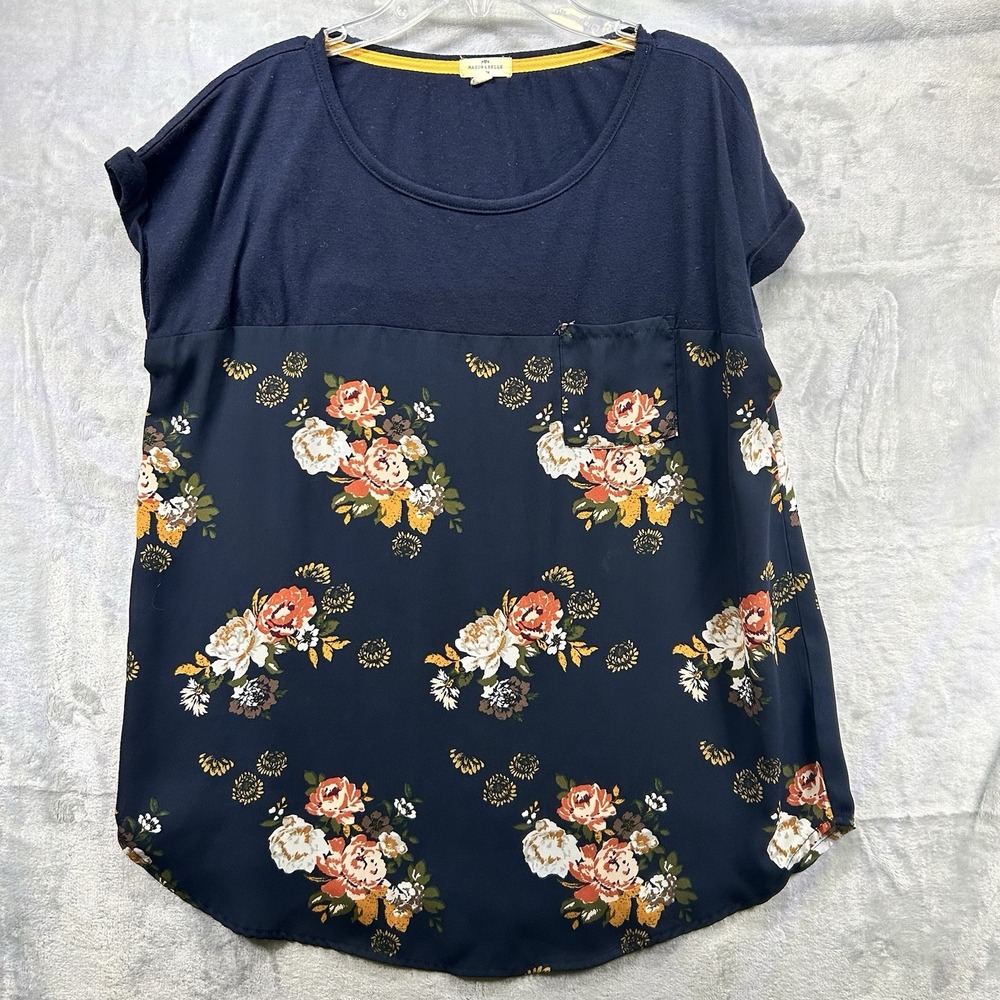 Women's Blouse Blue Floral Short Cap Sleeve Scoop Neck Pocket Size L Workwear